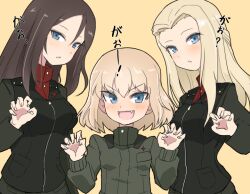 Rule 34 | 3girls, black hair, blonde hair, blue eyes, clara (girls und panzer), claw pose, commentary, fang, girls und panzer, green jacket, green jumpsuit, hinomaru (futagun), jacket, jumpsuit, katyusha (girls und panzer), long hair, multiple girls, nonna (girls und panzer), open mouth, pravda military uniform, red shirt, shirt, short hair, translation request, turtleneck, vest, yellow background