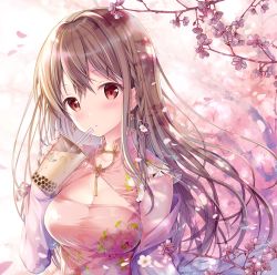 Rule 34 | 1girl, blush, braid, breasts, brown hair, cherry, china dress, chinese clothes, condensation, cup, dress, drinking straw, earrings, floating hair, flower, flower earrings, food, fruit, hair between eyes, hair flower, hair ornament, head tilt, highres, holding, holding cup, jewelry, long hair, long sleeves, looking at viewer, medium breasts, open mouth, original, outdoors, petals, pink dress, red eyes, shawl, sidelocks, solo, sousouman, taut clothes, taut dress, upper body, wind