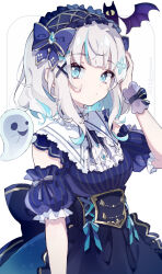 Rule 34 | 1girl, animal, ars almal, blue dress, blue eyes, blue hair, blue hairband, breasts, captain yue, closed mouth, detached sleeves, dress, frilled hairband, frills, ghost, grey hair, hairband, hand up, highres, medium breasts, multicolored hair, nijisanji, puffy short sleeves, puffy sleeves, short sleeves, solo, streaked hair, striped clothes, striped dress, vertical-striped clothes, vertical-striped dress, vertical-striped sleeves, virtual youtuber, white background, wrist cuffs
