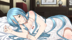 Rule 34 | 1girl, alternate costume, artist name, azura (fire emblem), bare shoulders, bed, bed sheet, bedroom, blue hair, blush, closed mouth, commentary, dress, english commentary, eyes visible through hair, fire emblem, fire emblem fates, highres, indoors, lips, long hair, looking at viewer, lying, nintendo, on bed, on side, pillow, pink lips, plant, pov across bed, satyarizqy, sleeveless, sleeveless dress, smile, solo, vase, very long hair, white dress, window, yellow eyes