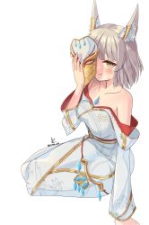 Rule 34 | animal ears, blunt bangs, breasts, cat ears, chest jewel, grey hair, highres, holding, holding mask, mask, nia (blade) (xenoblade), nia (xenoblade), revvie, short hair, simple background, small breasts, solo, white background, xenoblade chronicles (series), xenoblade chronicles 3, yellow eyes