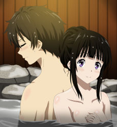 Rule 34 | 10s, 1boy, 1girl, back, back-to-back, bare arms, bare back, bare shoulders, bath, bathing, black hair, blush, breasts, chitanda eru, closed eyes, collarbone, couple, cp9a, friends, hair up, hand on own chest, hyouka, long hair, looking at viewer, mixed-sex bathing, neck, nude, onsen, oreki houtarou, purple eyes, shared bathing, short hair, shy, sidelocks, smile, submerged, upper body, water, wet