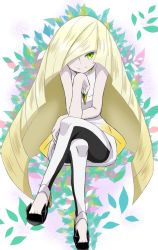 Rule 34 | 1girl, blonde hair, closed mouth, commentary request, creatures (company), crossed legs, dress, emapippi, game freak, green eyes, hair over one eye, highres, knees, leggings, long hair, looking at viewer, lusamine (pokemon), nintendo, pokemon, pokemon sm, shoes, short dress, sleeveless, sleeveless dress, smile, solo, very long hair, white dress