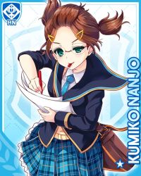Rule 34 | 1girl, adjusting eyewear, bag, blue background, blue jacket, blue necktie, brown hair, card, character name, closed mouth, girlfriend (kari), glasses, green eyes, hair ornament, hairclip, jacket, looking at viewer, nanjo kumiko, necktie, object in mouth, official art, paper, pen, plaid, plaid skirt, qp:flapper, school uniform, skirt, smile, solo, strap, tagme, twintails, v-shaped eyebrows, vest, yellow vest