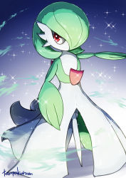 Rule 34 | 1girl, arm up, artist name, aura, blue background, bob cut, colored skin, creatures (company), female focus, flat chest, full body, game freak, gardevoir, gen 3 pokemon, gradient background, green hair, green skin, hair over one eye, highres, looking to the side, multicolored skin, nintendo, no mouth, outstretched arm, pokemon, pokemon (creature), red eyes, short hair, signature, simple background, solo, sparkle, standing, tanpakuroom, two-tone skin, white skin