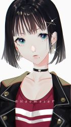 Rule 34 | 1girl, aqua eyes, bad id, bad pixiv id, black hair, bob cut, breasts, choker, cleavage, earrings, highres, jewelry, lips, looking at viewer, naomasap, original, parted lips, short hair, simple background, solo, twitter username, upper body, white background