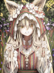 Rule 34 | 1girl, animal ear fluff, animal ears, bead necklace, beads, blonde hair, breasts, brown eyes, clothing request, copyright request, cross-laced clothes, dress, ears through headwear, european clothes, flower, forest, fox ears, frilled sleeves, frills, green eyes, grin, hair between eyes, highres, holding, holding hair, hood, hood up, jewelry, long hair, long sleeves, looking at viewer, multiple rings, nature, necklace, original, osobachan, outdoors, plant, red dress, red pupils, ring, smile, solo, upper body, wheat, white flower