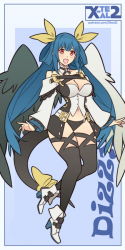 Rule 34 | 1girl, angel wings, artist name, asymmetrical wings, bare shoulders, black panties, blue hair, blush, breasts, character name, cleavage, detached sleeves, dizzy (guilty gear), guilty gear, hair ribbon, hair rings, high heels, large breasts, long hair, mature female, midriff, monster girl, off shoulder, panties, red eyes, ribbon, solo, tail, tail ornament, tail ribbon, thigh strap, twintails, underwear, wings, x-t3al