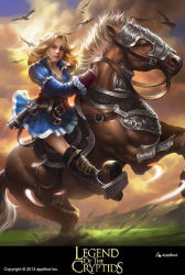 Rule 34 | 1girl, belt, bird, blonde hair, boots, brown eyes, cloud, copyright name, grass, gun, highres, horse, legend of the cryptids, long hair, official art, sky, solo, weapon