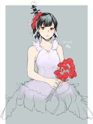 Rule 34 | 1girl, alternate costume, black hair, bouquet, dress, flower, grey background, hair ornament, headgear, highres, kantai collection, kitamura hato, lips, looking at viewer, red eyes, short hair, simple background, sleeveless, sleeveless dress, solo, white dress, yamashiro (kancolle)