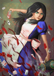Rule 34 | 1girl, alice: madness returns, alice (alice in wonderland), alice in wonderland, american mcgee&#039;s alice, apron, black hair, blood, breasts, card, closed mouth, dress, green eyes, highres, jewelry, jupiter symbol, knife, long hair, necklace, puffy sleeves, solo, yusepe