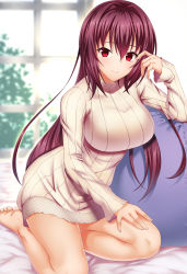 Rule 34 | 1girl, bare legs, blush, breasts, closed mouth, dress, emanon123, fate/grand order, fate (series), hair between eyes, highres, indoors, large breasts, long hair, long sleeves, looking at viewer, pillow, purple eyes, purple hair, ribbed sweater, scathach (fate), sidelocks, sitting, smile, solo, sweater, sweater dress, thighs, tsurime, turtleneck, window, yokozuwari