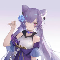 Rule 34 | &amp;ether, 1girl, bare shoulders, blue flower, blue rose, breasts, chinese commentary, choker, commentary, commentary request, cone hair bun, detached sleeves, double bun, dress, electricity, flower, genshin impact, gradient background, hair bun, hair flower, hair ornament, holding, holding flower, keqing (genshin impact), long hair, looking at viewer, medium breasts, one eye closed, purple choker, purple eyes, purple hair, rose, simple background, smile, solo, twintails, upper body, white background