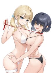 Rule 34 | 2girls, absurdres, animal collar, armpits, ass, asymmetrical docking, bare arms, bare shoulders, bikini, black bikini, black hair, black vs white, blonde hair, blue eyes, breast press, breasts, choker, cleavage, collar, collarbone, commentary request, eyes visible through hair, fang, grin, halterneck, hand on another&#039;s hip, highres, holding, holding leash, hug, large breasts, leash, long hair, looking at viewer, looking to the side, low twintails, medium breasts, multiple girls, o-ring, o-ring bikini, open mouth, original, short hair, sideboob, simple background, skin fang, skindentation, smile, soriham, strap gap, string bikini, sweatdrop, swimsuit, thigh strap, twintails, white background, white bikini, white choker, yellow eyes, yuri