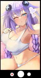 Rule 34 | 1girl, absurdres, bimmy, blowing kiss, blue eyes, blush, braid, breasts, camera phone, cleavage, hair between eyes, hair ornament, highres, large breasts, long hair, looking at viewer, midriff, navel, neptune (series), one eye closed, open mouth, power symbol, power symbol-shaped pupils, purple hair, purple heart (neptunia), sitting, solo, symbol-shaped pupils, tank top, thong, twin braids, twintails, wink