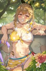 Rule 34 | 1girl, absurdres, atelier (series), atelier ryza, bikini, blush, breasts, brown eyes, brown hair, cleavage, collarbone, earrings, flower, front-tie bikini top, front-tie top, gluteal fold, grin, hair ornament, hairband, hairclip, highres, holding, holding hose, hose, jewelry, large breasts, looking at viewer, miazi, nail polish, navel, reisalin stout, short hair, smile, solo, swimsuit, thighs, wet