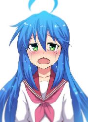Rule 34 | 1girl, ahoge, arms at sides, blouse, blue hair, blush, chestnut mouth, crying, crying with eyes open, green eyes, hair between eyes, half-closed eyes, highres, hinghoi, izumi konata, kyoto animation, long hair, looking at viewer, lucky star, mole, mole under eye, neckerchief, open mouth, parted bangs, pink neckerchief, ribbon, school uniform, serafuku, shirt, simple background, solo, tears, uniform, very long hair, white background, white shirt