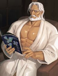 Rule 34 | 1boy, bara, beard, black-framed eyewear, blue eyes, book, closed mouth, commentary, couch, facial hair, glasses, highres, holding, holding book, indoors, jp (street fighter), looking at viewer, male focus, mature male, medium hair, muscular, muscular male, mustache, on couch, open book, pectorals, robe, sa1k0p, sitting, solo, street fighter, street fighter 6, symbol-only commentary, veins, white hair, white robe