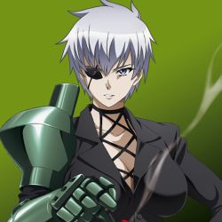 Rule 34 | 10s, 1girl, akame ga kill!, black shirt, black suit, breasts, business suit, choker, cigarette, collarbone, eyepatch, female focus, formal, green background, highres, large breasts, looking at viewer, mechanical arms, najenda, office lady, official art, over shoulder, prosthesis, prosthetic arm, purple eyes, shirt, short hair, silver hair, single mechanical arm, smoke, smoking, solo, solo focus, square enix, suit, third-party edit, tomboy