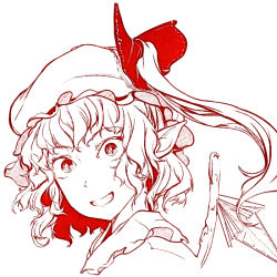 Rule 34 | 1girl, bow, flandre scarlet, grin, hat, hi you (flying bear), monochrome, ribbon, short hair, side ponytail, simple background, smile, solo, touhou, white background, wings