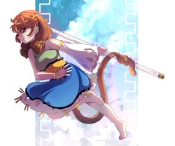Rule 34 | 1girl, absurdres, barefoot, blue dress, brown hair, circlet, detached sleeves, dress, dungeon toaster, full body, green dress, highres, long hair, low twintails, monkey tail, multicolored clothes, multicolored dress, red eyes, single detached sleeve, solo, son biten, tail, test tube, touhou, twintails, unfinished dream of all living ghost, white sleeves, yellow dress