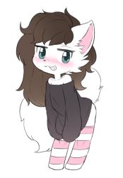 Rule 34 | 1girl, :3, animal ears, aqua eyes, bare shoulders, black shirt, blush, bottomless, brown hair, choreuny hyamkeu, collarbone, female focus, flat chest, fox ears, fox tail, full body, furry, furry female, grin, long hair, looking at viewer, nose blush, off shoulder, original, oversized clothes, pink thighhighs, shirt, shy, simple background, sleeves past fingers, sleeves past wrists, smile, solo, standing, striped clothes, striped thighhighs, tail, teeth, thighhighs, white background
