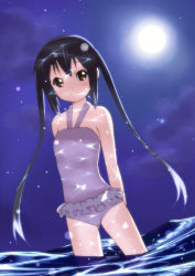 Rule 34 | 1girl, arms behind back, black hair, braid, brown eyes, casual one-piece swimsuit, caustics, errant, full moon, k-on!, long hair, moon, moonlight, nakano azusa, night, night sky, one-piece swimsuit, reflected light, sky, smile, solo, standing, swimsuit, twin braids, twintails, wading, water