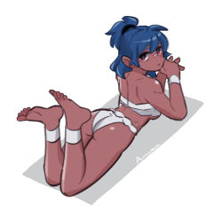 Rule 34 | 1girl, amazu (kurozu), aoi (amazu), ass, bare shoulders, barefoot, blue hair, closed mouth, dark-skinned female, dark skin, eyebrows hidden by hair, hair between eyes, legs up, looking at viewer, looking back, lying, on stomach, original, own hands together, ponytail, red eyes, shadow, signature, simple background, soles, solo, white background