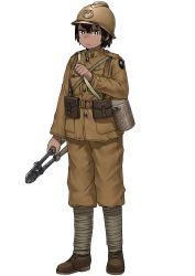 Rule 34 | 1girl, absurdres, anyan (jooho), belt, belt pouch, black hair, bolt cutters, brown footwear, brown headwear, brown jacket, brown pants, buttons, closed mouth, dark-skinned female, dark skin, frown, full body, helmet, highres, holding, jacket, leg wrap, long sleeves, military, military rank insignia, military uniform, original, pants, pouch, shoes, short hair, simple background, solo, standing, uniform, white background, world war i
