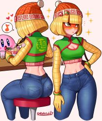 Rule 34 | 1girl, absurdres, arms (game), ass, beanie, blonde hair, blunt bangs, blush, bob cut, breasts, chinese clothes, cleavage, closed mouth, contrapposto, crop top, cropped legs, denim, domino mask, eating, feet out of frame, food, from behind, green eyes, hat, highres, jeans, kirby, kirby (series), knit hat, looking to the side, mask, medium breasts, medium hair, midriff, min min (arms), multiple views, narrow waist, navel, nintendo, noodles, pants, ribbon hair, ringed eyes, sarukaiwolf, simple background, sitting, stool, super smash bros., tsurime