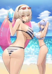 Rule 34 | 2girls, absurdres, armpits, arms up, ass, azur lane, bare arms, bare shoulders, beach, bikini, black hairband, blue hair, breasts, character request, check character, cleavage cutout, clothing cutout, dido (azur lane), eyewear on head, hairband, highres, holding, holding swim ring, huge breasts, innertube, looking at viewer, lordol, multiple girls, ocean, outdoors, parted lips, red eyes, sirius (azur lane), standing, striped bikini, striped clothes, sunglasses, swim ring, swimsuit, thighs, tongue, tongue out, underboob, water, white bikini