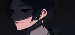 Rule 34 | 1girl, black hair, blood, blood on face, earrings, eighteenx, expressionless, flower earrings, hayami kanade, highres, idolmaster, idolmaster cinderella girls, jewelry, lips, looking at another, parted lips, shaded face, short hair, simple background, solo, staring