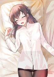 Rule 34 | 1girl, absurdres, bed sheet, blush, breasts, brown hair, brown pantyhose, closed eyes, collared shirt, dress shirt, highres, long hair, long sleeves, lying, medium breasts, on back, on bed, open mouth, original, pantyhose, pillow, shirt, sleeping, solo, thighs, tomozero, white shirt