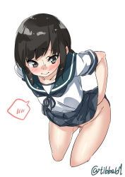 Rule 34 | 1girl, black eyes, black hair, blue skirt, blush, closed mouth, collarbone, cowboy shot, cropped legs, ebifurya, female pubic hair, fubuki (kancolle), gluteal fold, groin, hand in skirt, hand under clothes, highres, kantai collection, leaning forward, no panties, pleated skirt, ponytail, pubic hair, pussy juice, school uniform, serafuku, short sleeves, simple background, skirt, solo, speech bubble, spoken blush, sweat, twitter username, white background