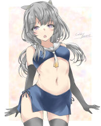 Rule 34 | 1girl, artist name, black gloves, black thighhighs, blue shirt, blue skirt, cowboy shot, crop top, dated, gakky, gloves, grey eyes, grey hair, highres, i-201 (kancolle), kantai collection, low twintails, midriff, one-hour drawing challenge, sailor collar, shirt, skirt, sleeveless, sleeveless shirt, solo, thighhighs, twintails, white sailor collar