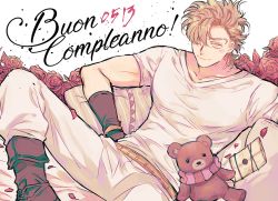 Rule 34 | 1boy, battle tendency, birthday, blonde hair, boots, brown footwear, brown gloves, caesar anthonio zeppeli, closed mouth, commentary request, cursive, dated, eyelashes, facial mark, flower, gloves, green eyes, hair over one eye, hand on own hip, happy birthday, unworn headband, italian text, jojo no kimyou na bouken, korean commentary, looking at viewer, male focus, mapi (mup1228), pants, petals, protected link, reclining, red flower, rose, shirt, short hair, short sleeves, smile, solo, stuffed animal, stuffed toy, t-shirt, teddy bear, v-neck, white pants, white shirt