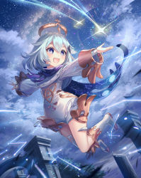 Rule 34 | 1girl, black scarf, blue eyes, commentary request, constellation, dress, eyebrows hidden by hair, floating, genshin impact, hair between eyes, hair ornament, halo, highres, long sleeves, maica sunahara, open mouth, outdoors, paimon (genshin impact), scarf, shooting star, short hair, sky, smile, solo, star (sky), starry sky, tagme, white dress, white hair