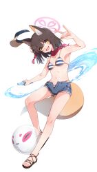 Rule 34 | 1girl, absurdres, animal ears, arm up, armpits, bikini, black hair, blue archive, blue bikini, blue shorts, bottle, breasts, commentary, denim, denim shorts, fang, fox ears, fox girl, fox shadow puppet, fox tail, full body, halo, head tilt, highres, holding, holding bottle, if f, izuna (blue archive), izuna (swimsuit) (blue archive), looking at viewer, medium hair, official alternate costume, open mouth, pink halo, red scarf, sandals, scarf, short shorts, shorts, simple background, skin fang, small breasts, smile, solo, swimsuit, tail, water, white background