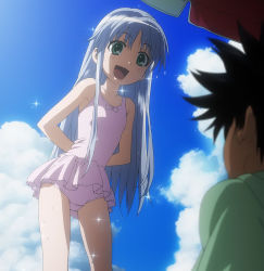 Rule 34 | 1girl, blue hair, casual one-piece swimsuit, day, flat chest, green eyes, highres, index (toaru majutsu no index), kamijou touma, long hair, one-piece swimsuit, screencap, stitched, swimsuit, third-party edit, toaru majutsu no index, toaru majutsu no index: old testament