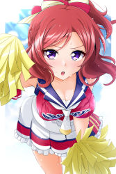 Rule 34 | 1girl, :o, blush, border, breasts, cheerleader, cleavage, collarbone, commentary request, highres, kirisaki reina, large breasts, leaning forward, looking at viewer, love live!, love live! school idol project, medium hair, multicolored clothes, multicolored skirt, nishikino maki, pom pom (cheerleading), purple eyes, red hair, red shirt, red skirt, shirt, skirt, solo, sweat, white border, white skirt