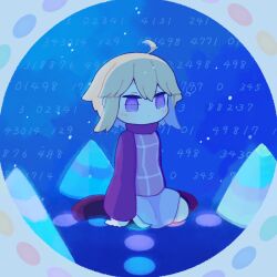 Rule 34 | 1girl, ahoge, air bubble, black socks, blonde hair, blue background, bubble, closed mouth, commentary request, cone, dot mouth, full body, grey skirt, hair flaps, halftone, kekorin5, kneehighs, long sleeves, medium hair, no nose, purple eyes, purple footwear, purple sweater, round image, shoes, sitting, skirt, socks, solo, sweater, turtleneck, turtleneck sweater, unusually open eyes, urotsuki, wariza, yume 2kki