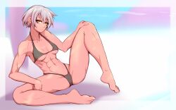 Rule 34 | 1girl, abs, bare shoulders, barefoot, bikini, black bikini, border, breasts, breasts apart, brown hair, cloud, cloudy sky, collarbone, commentary, covered erect nipples, deadslot4, english commentary, expressionless, feet, gradient background, grey hair, highres, horizon, leaning back, looking at viewer, mountainous horizon, muscular, muscular female, navel, original, pink background, short hair, sitting, sky, small breasts, solo, sunburn, swimsuit, thong, toenails, tomboy, toned, white background, white border