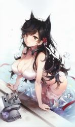 Rule 34 | 1girl, absurdres, animal ears, atago (azur lane), atago (summer march) (azur lane), atago (summer march) (azur lane), azur lane, bent over, bikini, black hair, blush, breasts, cleavage, cropped, extra ears, flower, hair flower, hair ornament, hair ribbon, highres, large breasts, long hair, looking at viewer, mole, mole under eye, ribbon, sarong, senji (tegone spike), smile, solo, swept bangs, swimsuit, wading, white bikini, white ribbon, wristband, yellow eyes
