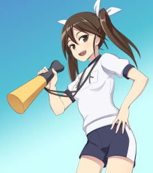 Rule 34 | 10s, 1girl, :d, blue background, brown eyes, brown hair, caryo, gradient background, gym shorts, gym uniform, hair between eyes, hair ribbon, hand on own hip, kantai collection, long hair, looking at viewer, megaphone, name tag, nanashino, open mouth, ribbon, shorts, smile, solo, tone (kancolle), twintails