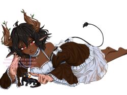 1girl ahoge animal_ears barefoot black_hair borrowed_character bow breasts brown_lips choker cleavage closed_mouth clothing_request commentary commission dark-skinned_female dark_skin english_commentary feet_out_of_frame frilled_choker frilled_sleeves frills hair_between_eyes highres horns index_finger_raised kyuunn leaf lips off_shoulder original plant_horns red_eyes single_bare_shoulder tail vitiligo white_bow