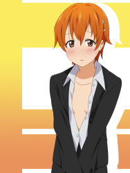 Rule 34 | 1girl, blush, breasts, brown eyes, business suit, face, formal, hair ornament, ikari manatsu, inami mahiru, no bra, open clothes, open shirt, orange hair, shirt, short hair, small breasts, solo, suit, sweat, unbuttoned, working!!