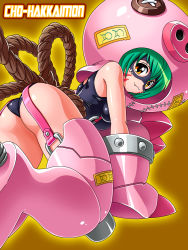 Rule 34 | 1girl, absurdres, all fours, animal costume, ass, back, bandai, bare shoulders, breasts, button eyes, buttons, character name, cho-hakkaimon, cosplay, digimon, digimon (creature), digimon xros wars, digimon xros wars: toki wo kakeru shounen hunter-tachi, facepaint, fang, female focus, garter straps, green hair, highres, huge ass, looking at viewer, looking back, maximilian-destroyer, one-piece swimsuit, orange eyes, rope, shiny skin, short hair, smile, solo, swimsuit, teeth
