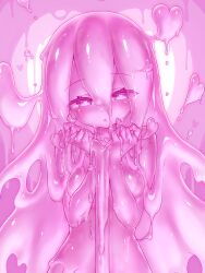 Rule 34 | breasts, colored sclera, colored skin, curss, hair between eyes, heart, heart-shaped pupils, highres, long hair, looking at viewer, medium breasts, monster girl, original, parted lips, pink background, pink eyes, pink hair, pink sclera, pink skin, slime girl, solo, symbol-shaped pupils