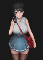Rule 34 | 1girl, bag, bare arms, bare shoulders, belt, blue eyes, blue skirt, bob cut, breasts, brown thighhighs, cellphone, collared shirt, cowboy shot, dark background, frown, hand up, high-waist skirt, holding, holding phone, kurone rinka, large breasts, looking at viewer, miniskirt, mole, mole under eye, original, phone, pleated skirt, red bag, shirt, shoulder bag, simple background, skirt, sleeveless, sleeveless shirt, smartphone, solo, swept bangs, taut clothes, taut shirt, thighhighs, white shirt, wing collar