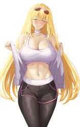 Rule 34 | 1girl, absurdres, alternate costume, bare shoulders, black leggings, black shorts, blonde hair, breasts, choker, cleavage, commentary, dolphin shorts, english commentary, eyewear on head, hair between eyes, half-closed eyes, highres, jacket, large breasts, leggings, leggings under shorts, light blush, long hair, looking at viewer, midriff, navel, off shoulder, open clothes, open jacket, puckered lips, shokuhou misaki, short shorts, shorts, solo, sports bra, sportswear, star-shaped pupils, star (symbol), star choker, sunglasses, symbol-shaped pupils, toaru kagaku no mental out, toaru kagaku no railgun, toaru majutsu no index, white choker, white jacket, white sports bra, yellow eyes, zai-senpai